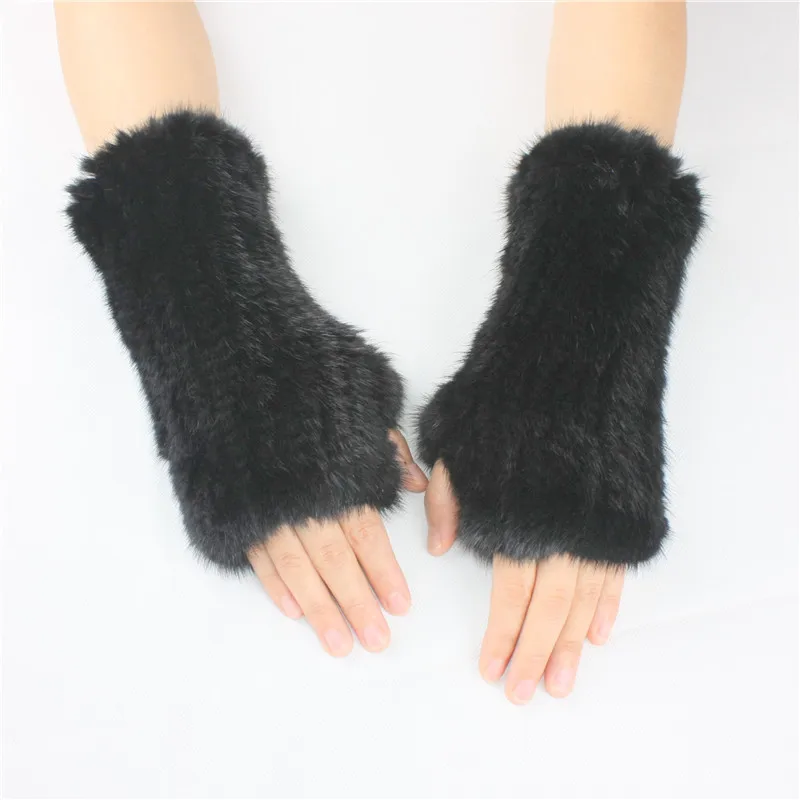 LIYAFUR Women's Real Genuine Knitted Mink Fur Winter Fingerless Gloves Elastic Net Mittens Arm Warmer Black Coffee | Аксессуары для