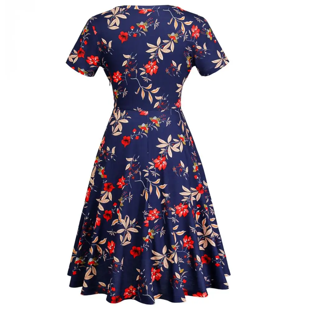 

Women's Vintage O Neck Floral Print A Line Dress Ladies Slim Swing Casual Party Retro Dresses