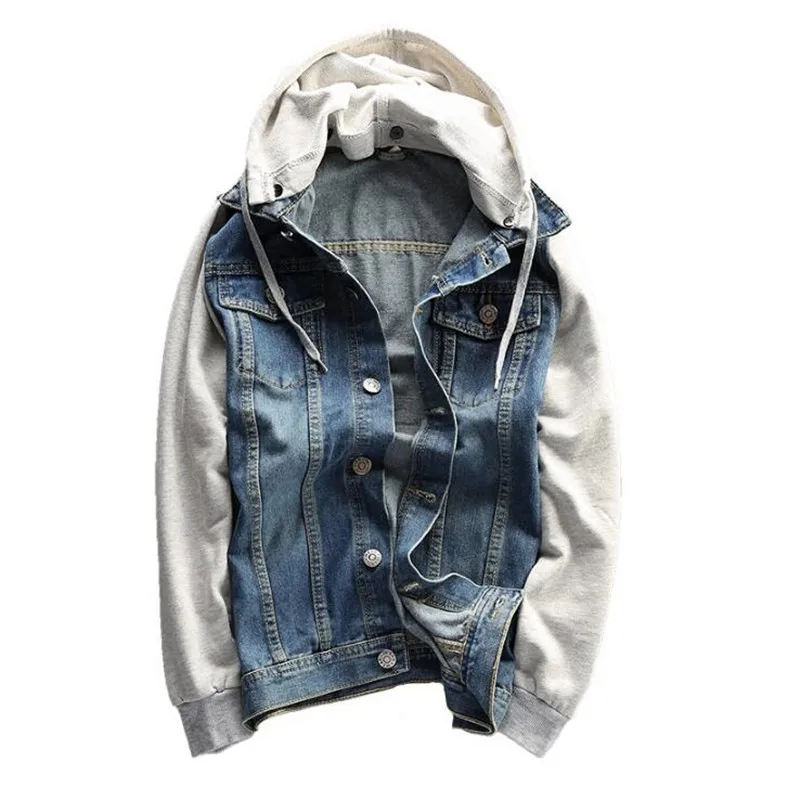 

Patchwork Hooded Men Denim Jacket Autumn Fashion Casual Slim Fit Stitching Cowboy Male Single Winter Washed Jacket A4002
