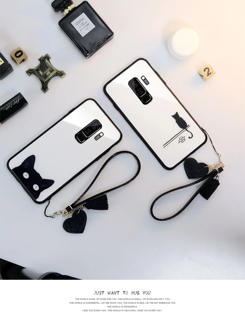 Для samsung Galaxy s10 s10e note 8 9 M10 M20 M30 A6 A7 A8 A9 j4 j6 s9 s8 плюс A20 A30 A50 A70 милый кот стекло чехол и ремешок