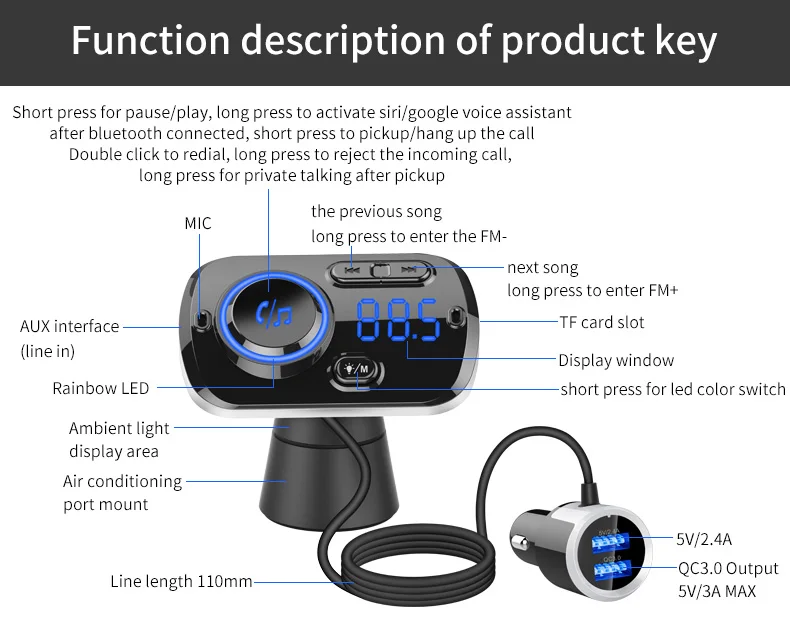 JINSERTA Bluetooth 5,0 MP3 плеер FM передатчик автомобильный комплект USB QC3.0 Громкая связь красочные атмосферные огни Поддержка TF карты