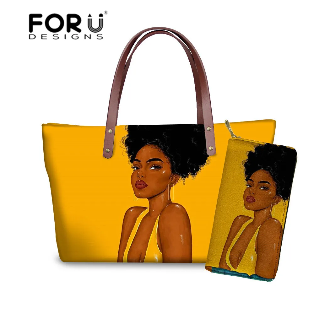 FORUDESIGNS/женские ручные сумки и сумочки для черных женщин, художественные сумки в Африканском и американском стиле для девочек, женские сумки с принтом, 2 шт./компл., летняя пляжная сумка