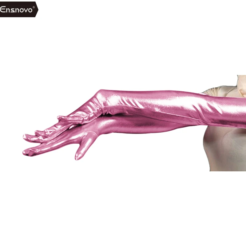 pink Ensnovo женский спандекс полиэстер черный блестящий металлик 2" с длинным рукавом Косплей костюмы мокрого вида Опера Длина Вечерние перчатки - Цвет: pink