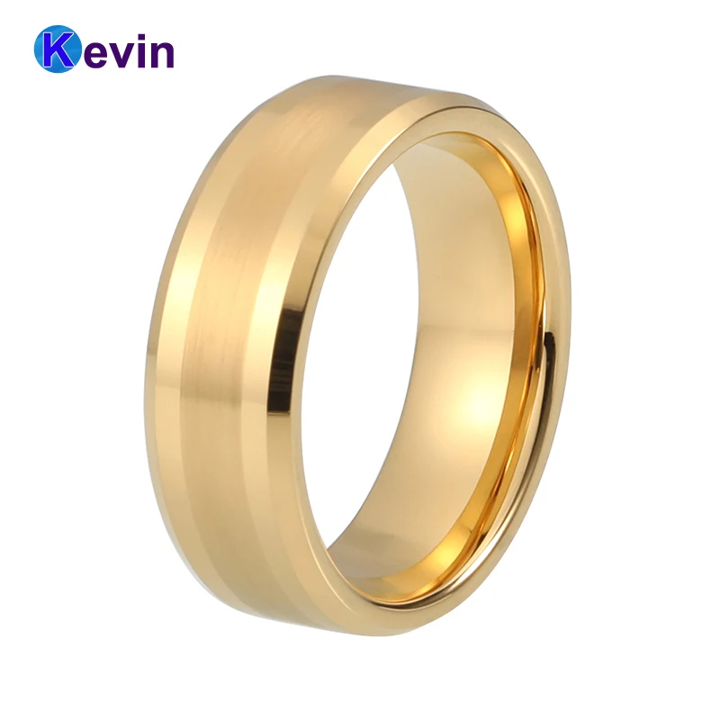 Yellow Gold Wedding Ring Men Women Tungsten Ring With Center Brushed Polished Beveled Edges Comfort Fit