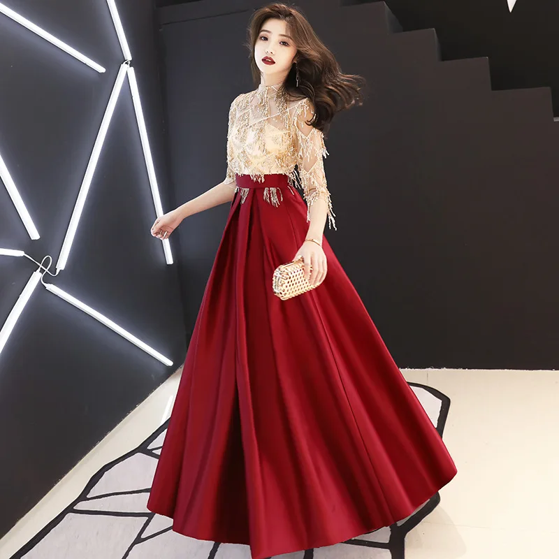 Burgundy Beauty Emily, длинные кружевные вечерние платья с блестками, элегантные открытые вечерние платья с кисточками, плиссированные Бальные платья с коротким рукавом, robe de soiree - Цвет: Burgundy