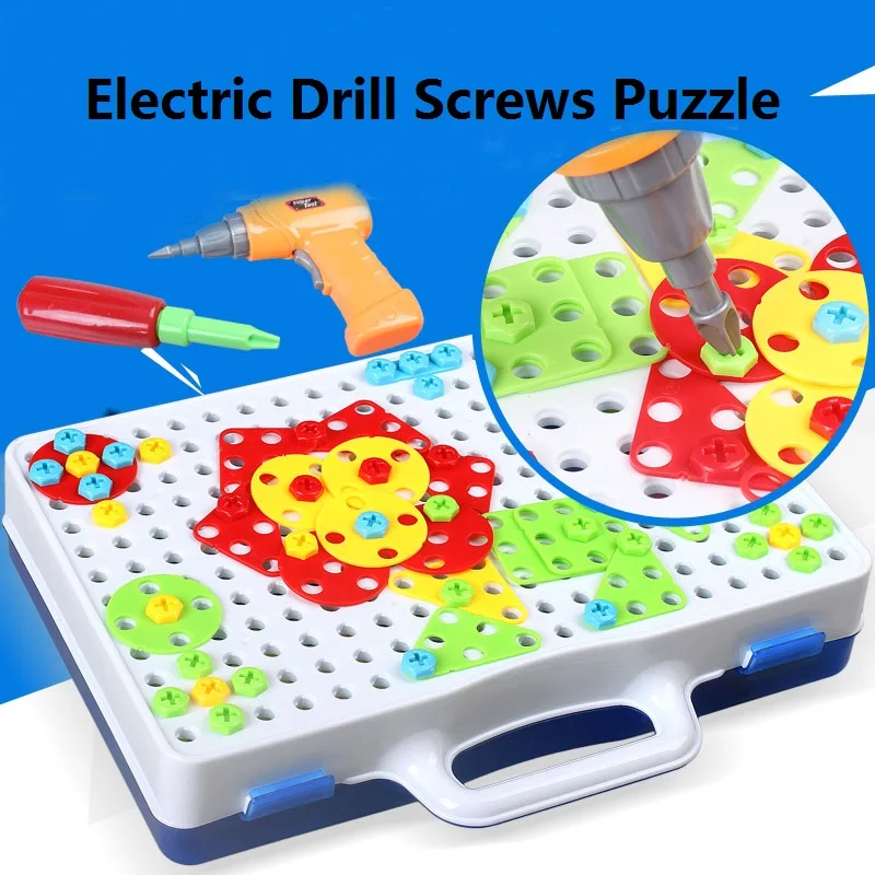 

Complanate Style Drill Puzzle Educational DIY Screw Group Toys KidsTool Kit Plastic Boy Jigsaw Mosaic Design Building Games