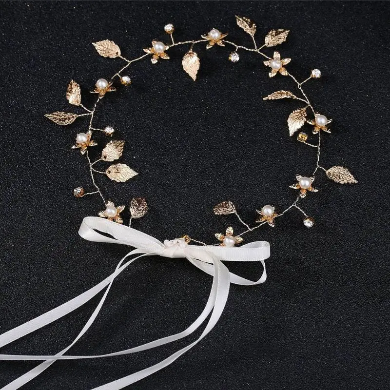 

Ladies Romantic Metallic Gold Leaves Flower Headband Wedding Bridal Imitation Pearl Rhinestone Hair Hoop Lace Up Ribbon Crown
