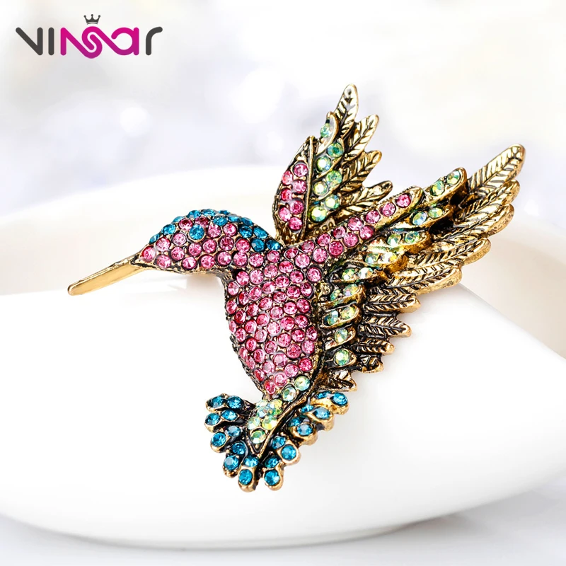 VINSAR Vintage Rhinestone Brooch Bird Ancient Gold Animal Brooches Women Cute Hummingbird Coat Sweater Pins Bijoux DW64 | Украшения и