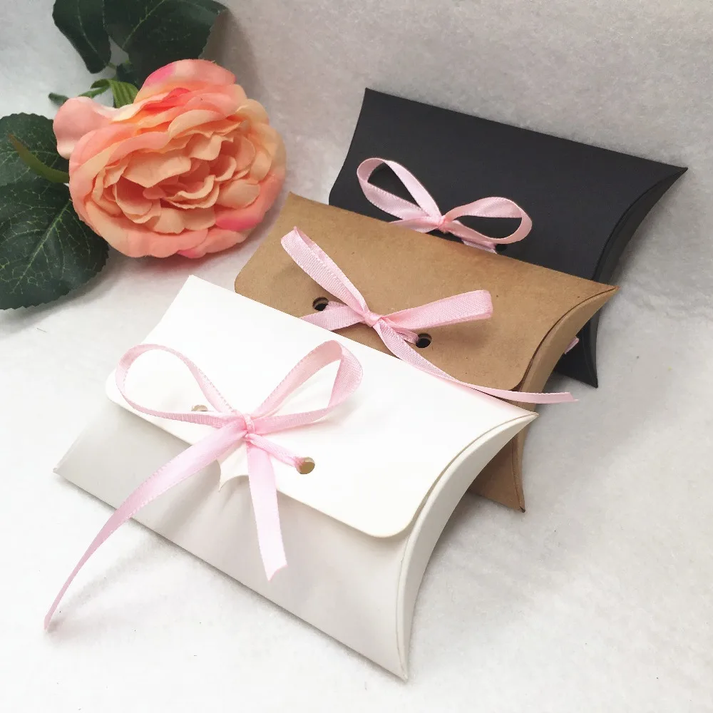 

New 80Pcs Favor Candy Box bag Craft Paper Pillow Shape Wedding Favor Gift Boxes with Pink Ribbon Eco Friendly Kraft Promotion