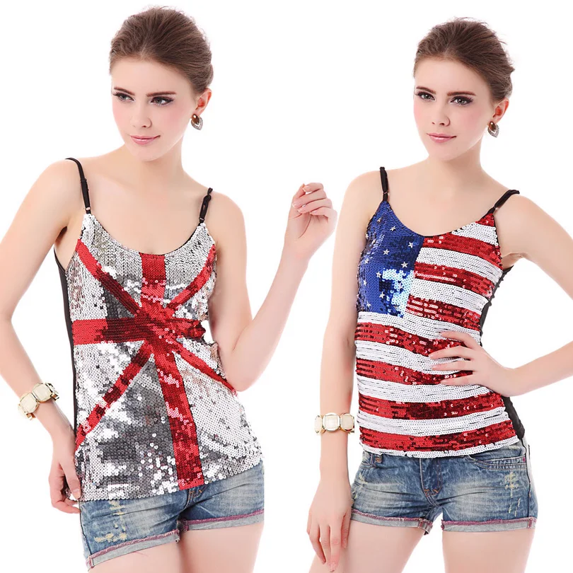 Женские сценические костюмы британский флаг Юнион Джек Sequin Tank Top Sexy Slim Mesh