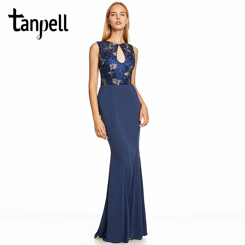 

Tanpell embroidery evening dress dark royal blue sleeveless floor length gown women backless formal long mermaid evening dresses