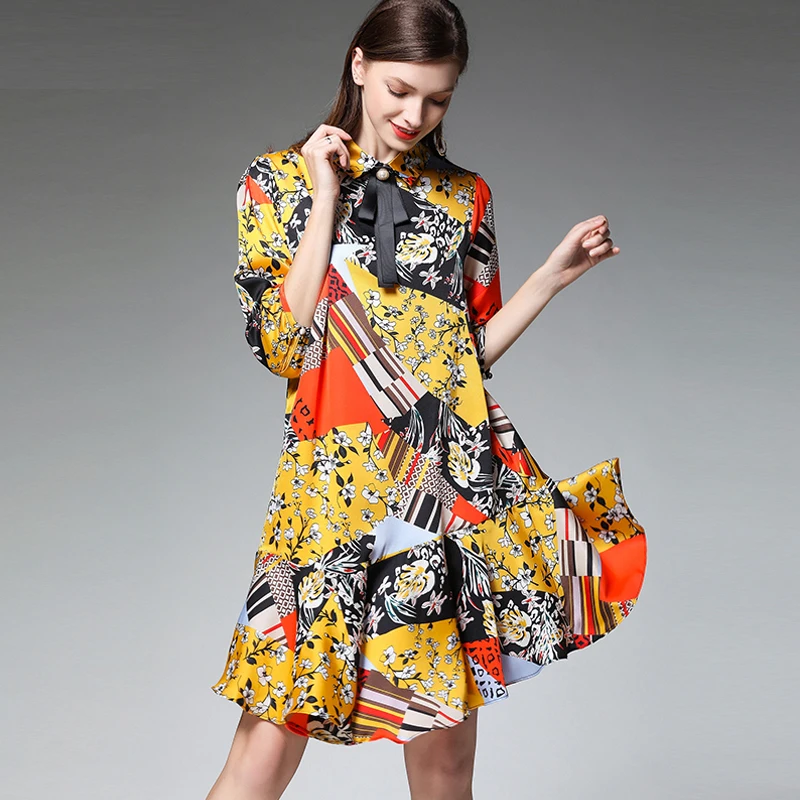 Плюс Размер Женская мода цветной шифоновый свободное платье Высокая талия Стенд