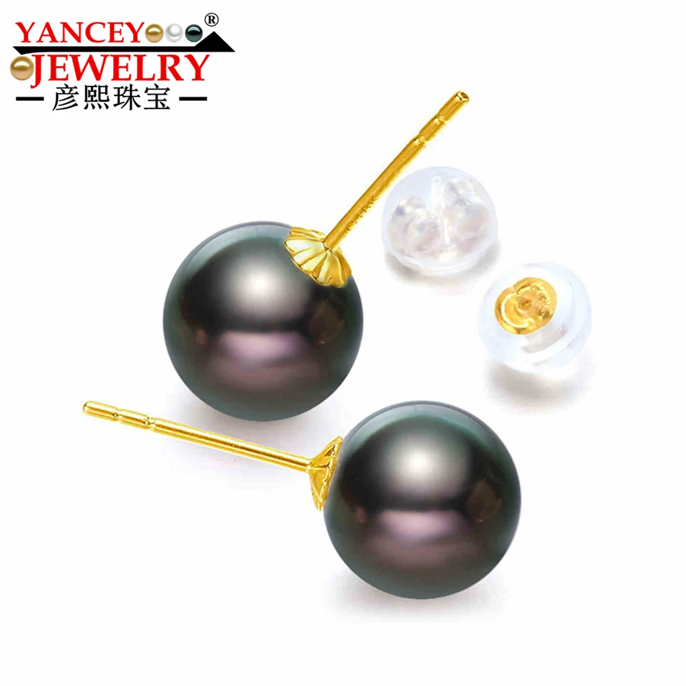 YANCEY JEWELRY Natural Tahitian Round 10-11MM Black Pearl Stud Earrings 18K Gold Seawater | Украшения и аксессуары