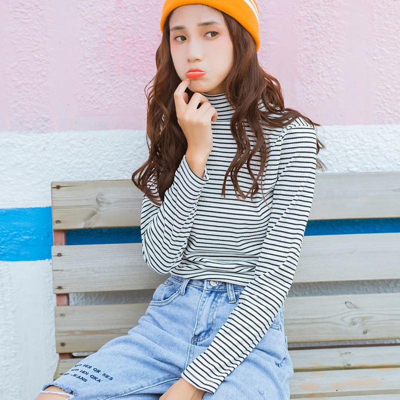 Женский свитер Kawaii Ulzzang черный и белый полосатый с длинным рукавом женский