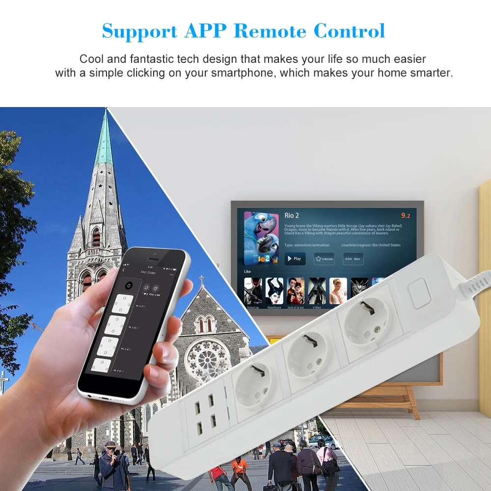 Умный выключатель с Wi-Fi удлинитель европейской вилкой 3AC + 4 USB-портами защитой от