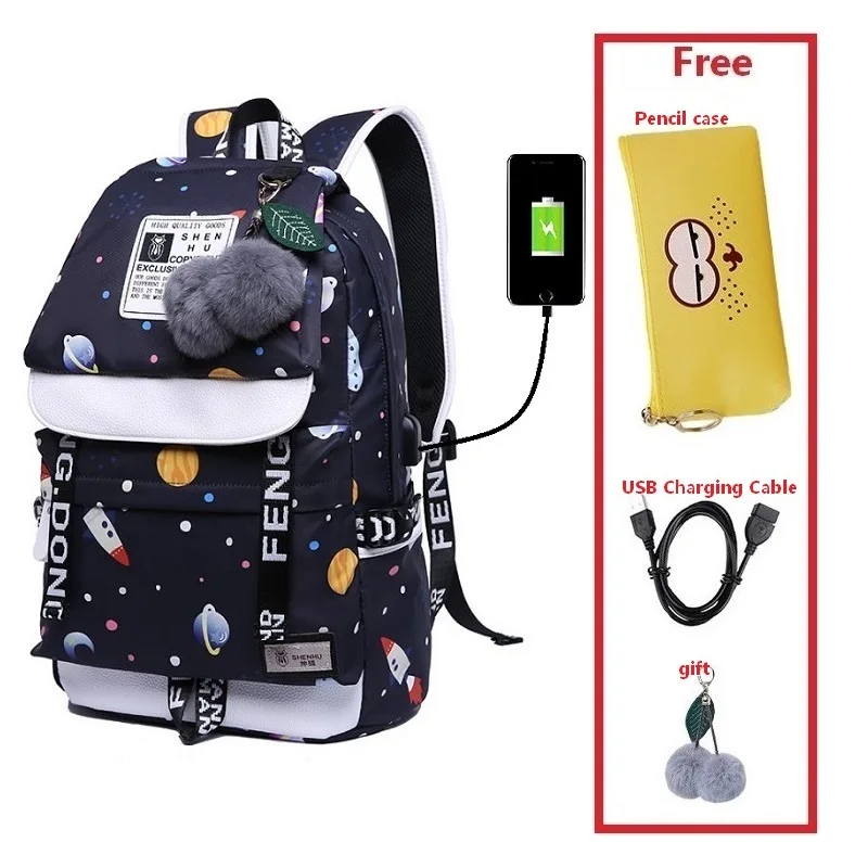 Set 14 Женский модный рюкзак с принтом, usb сумка для ноутбука, женские дорожные сумки, белый холщовый школьный рюкзак для девочек, безопасный рюкзак - Цвет: Set 14
