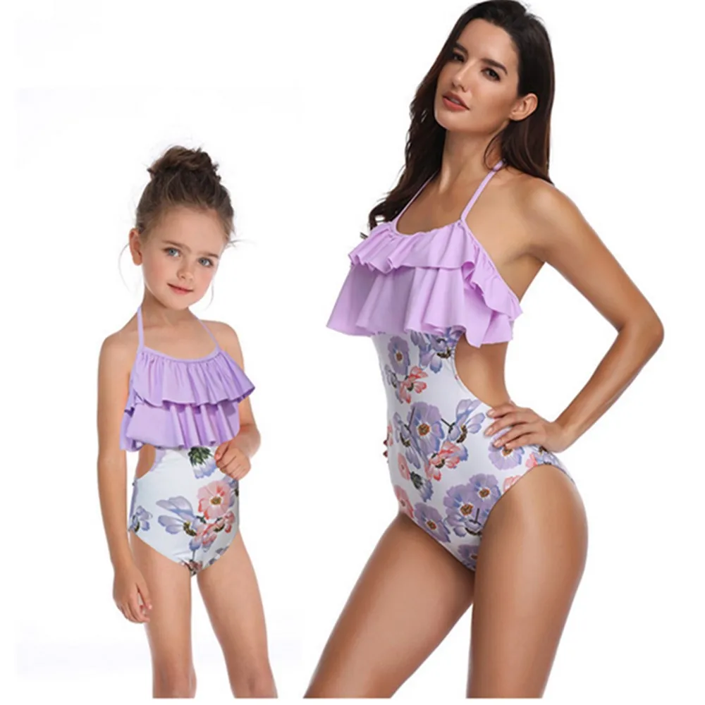 Мама-ребенок Купальник 2019 Женский Девочки Цветочная Печать Оборка Пляжная Одежда Без спины Купальный костюм бикини Новый.