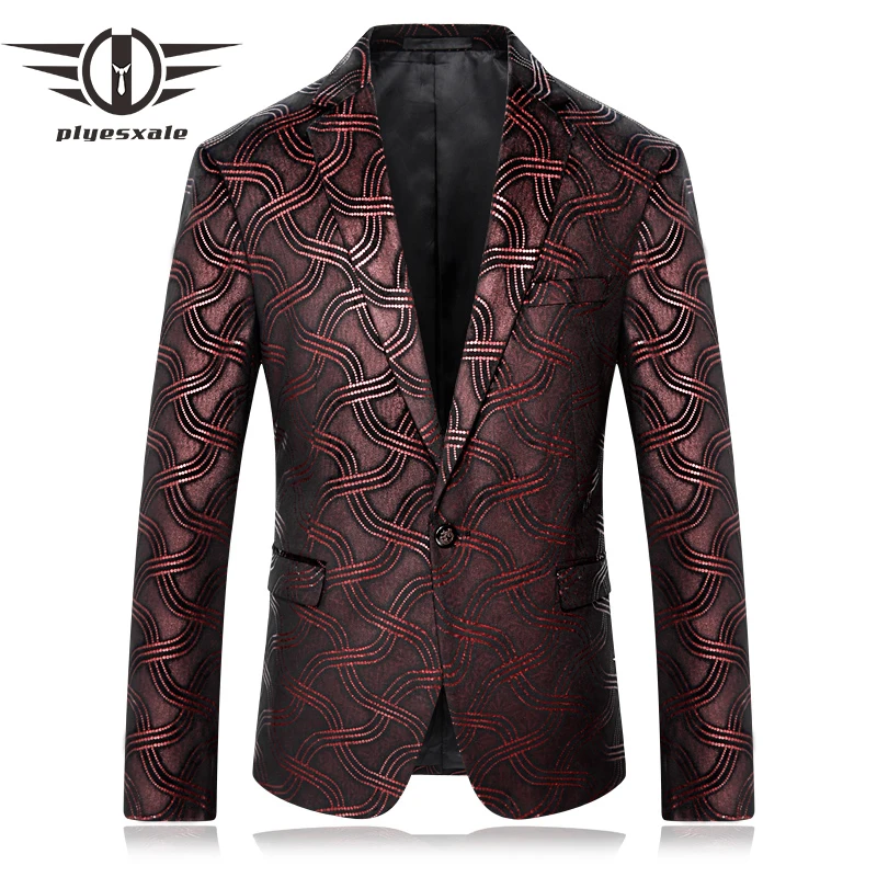 Plyesxale Марка Blazer Для мужчин 2018 Slim Fit S бордовый Блейзер этап куртка Выходные туфли