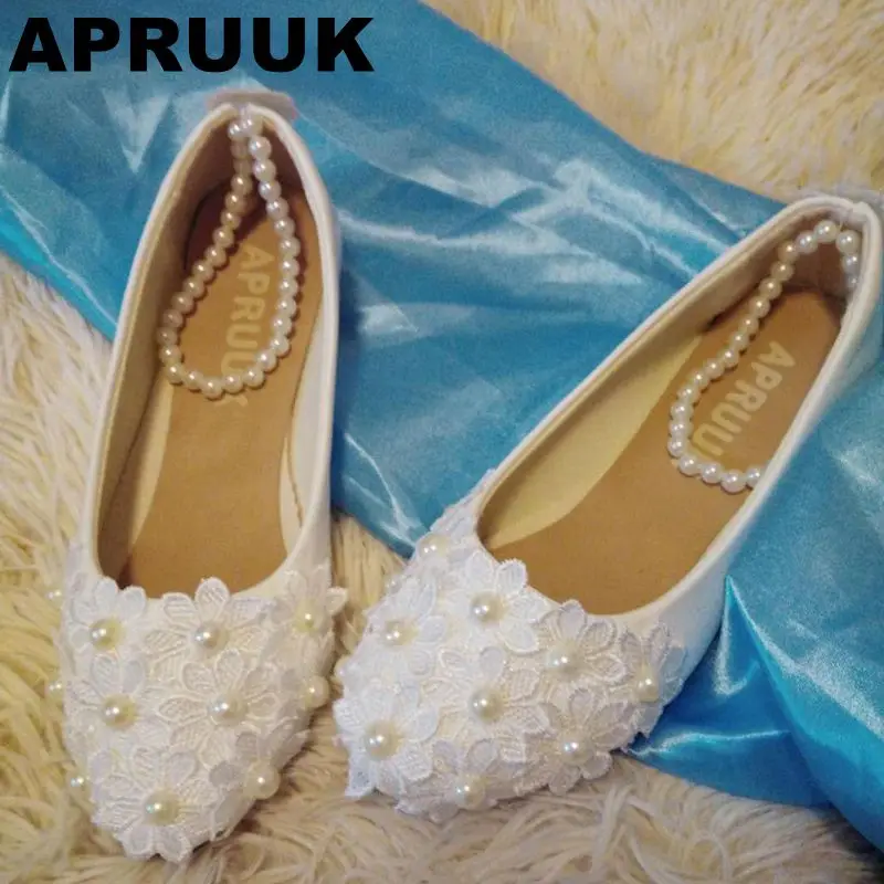 

Lace flowers wedding shoes womens ankle beading bracelet ladies female party dress lace pearls flats shoes
