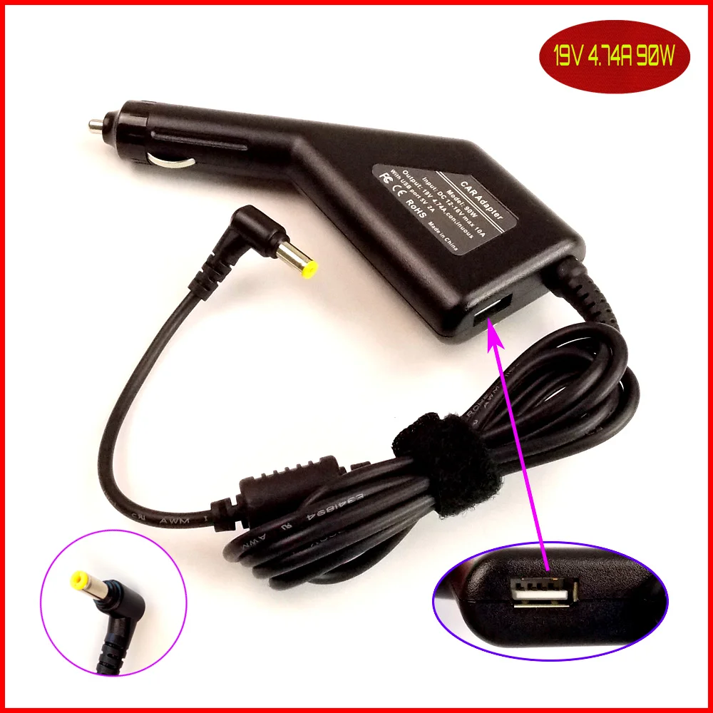 

Laptop DC Power Car Adapter Charger 19V 4.74A + USB Port for Acer ADT01.008 AP.09006.004 AP.09003.009 AP.09001.005