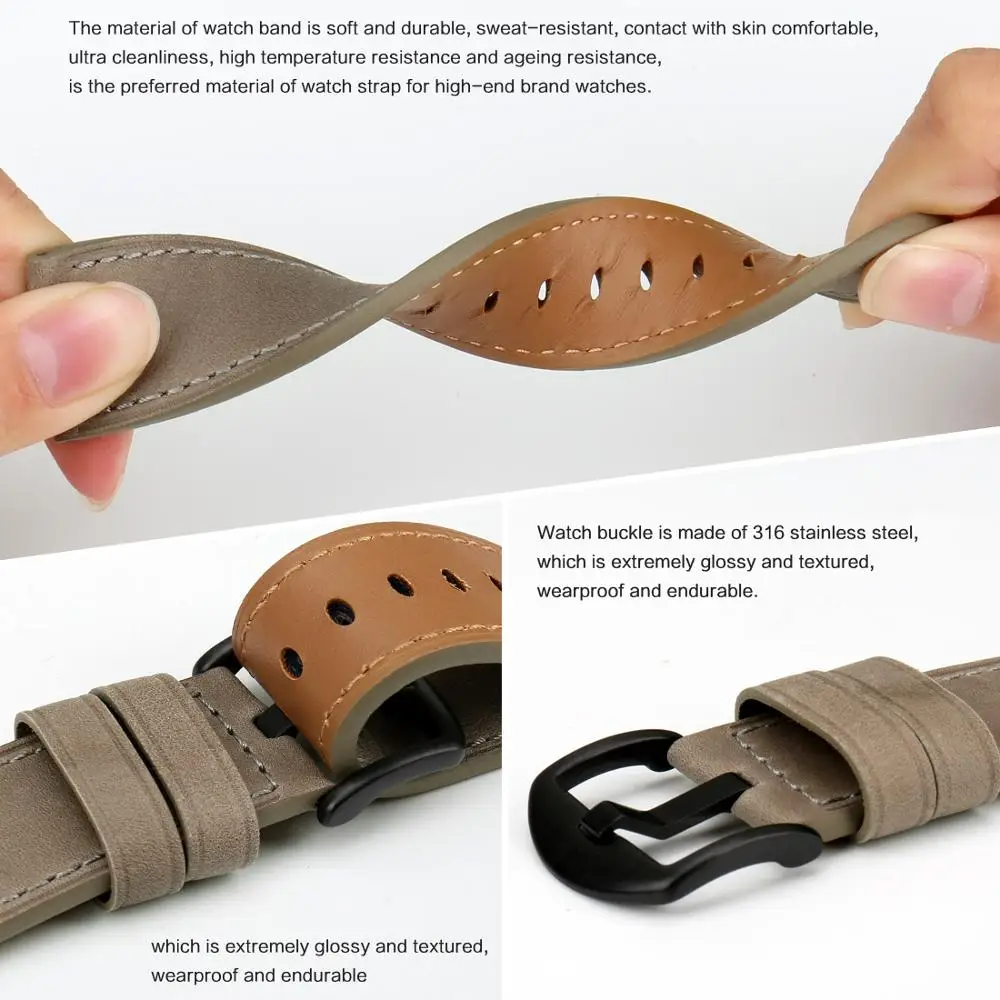 MAIKES Genuine Leather luxury Gray Watchband Watch Accessories Watch Strap 22mm 24mm Bracelet Watch band Watchband For fossil