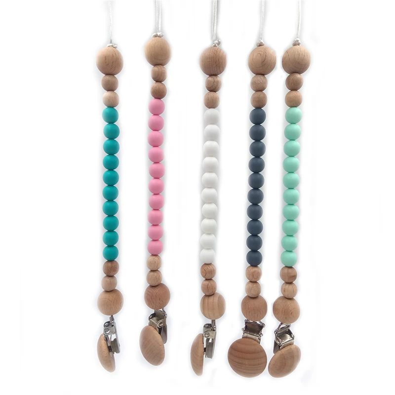 

5pcs Organic Beech Wooden Mammoth Teether Chewable Silicone Beads Beech nipple Clips DIY Baby Teether Pacifier Chain toy