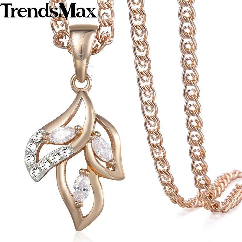 Trendsmax, женское ожерелье, подвеска в форме листа, 585, розовое золото, заполненное прозрачным кубическим цирконием, ожерелье для женщин KGP195 - Окраска металла: With Chain