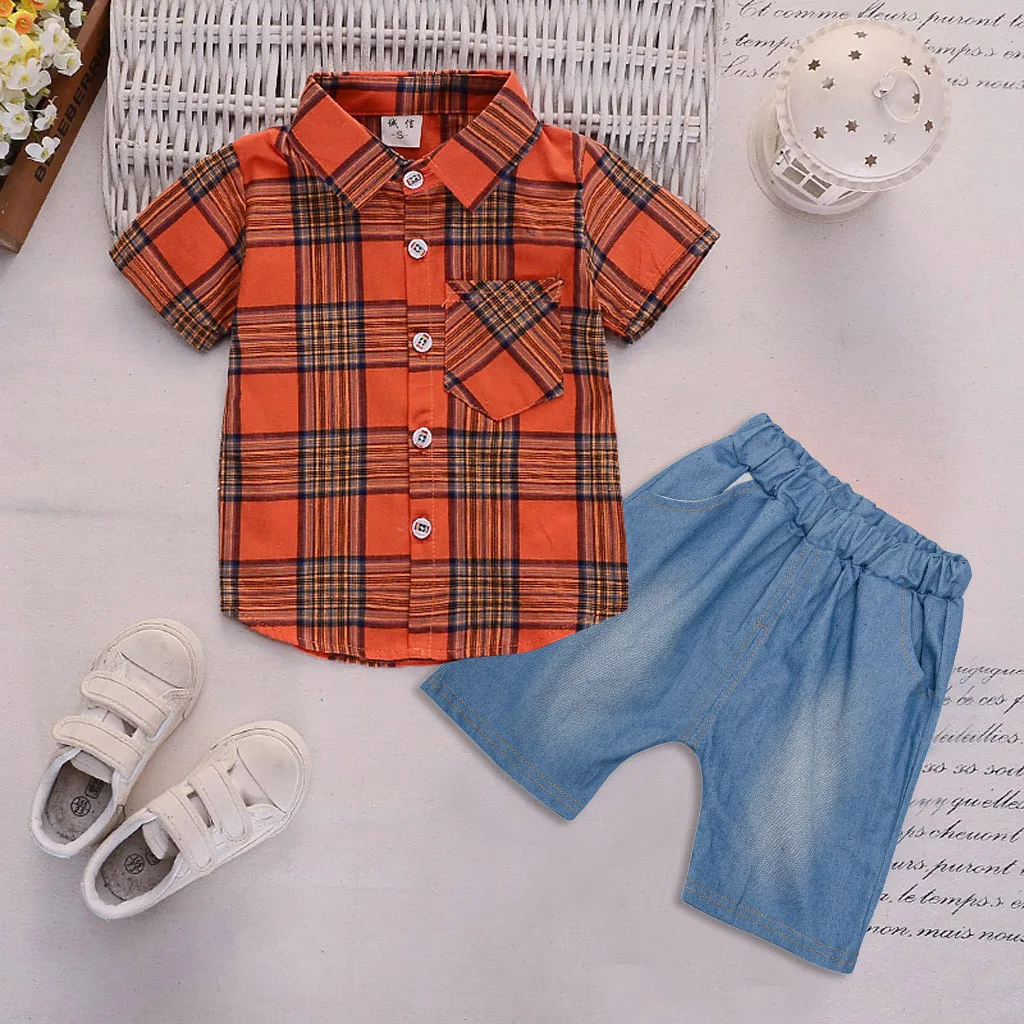 Infant Baby Girl Gentleman Plaid Shirt Print Solid Denim Shorts 2PC Set Outfits children clothing set toddler boy clothes | Детская