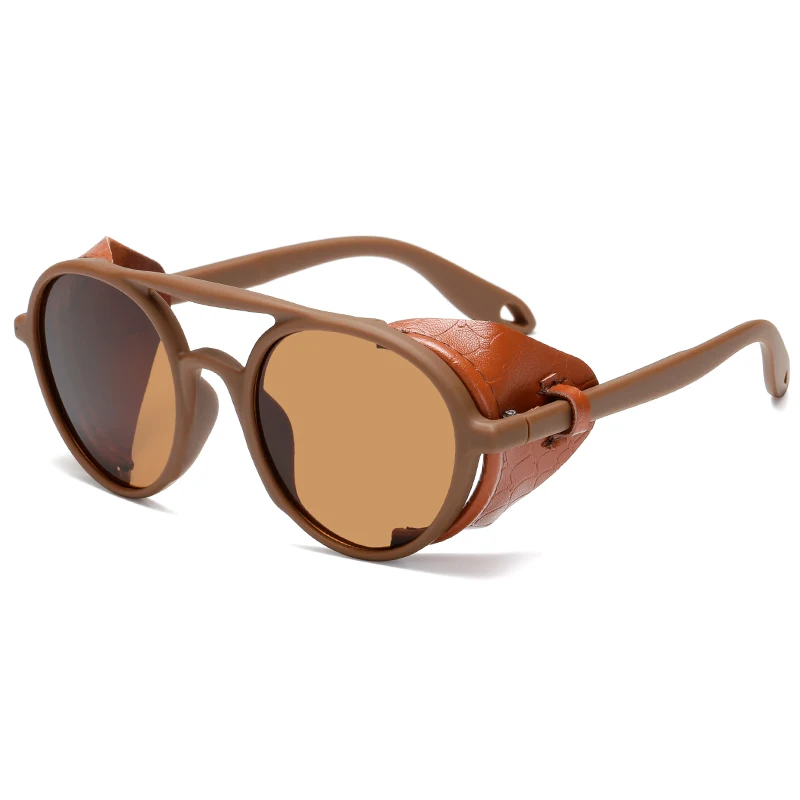 brown lens Винтажные стимпанк Солнцезащитные очки Мужские Женские кожаные с боковыми щитами стильные круглые солнцезащитные очки женские крутые очки UV400 Gafas - Цвет линз: brown lens