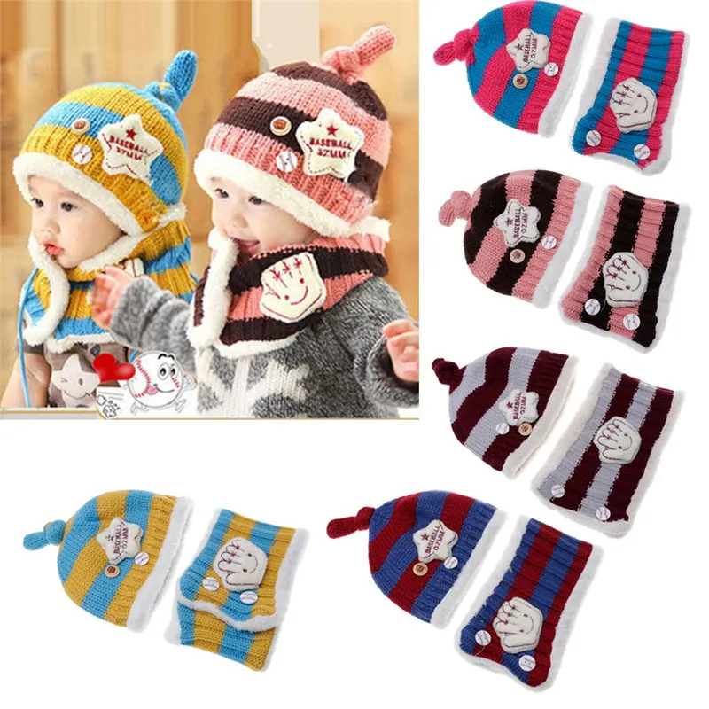 

Baby Kids Unisex Knitted Hats Scarf Set Cute Winter Warm Beanie Hooded Scarf New