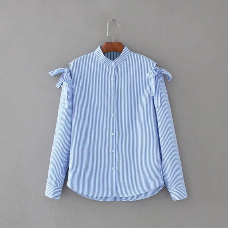 Лук Узел светло голубой в полоску блузка 2017 Для женщин Однобортный повседневная