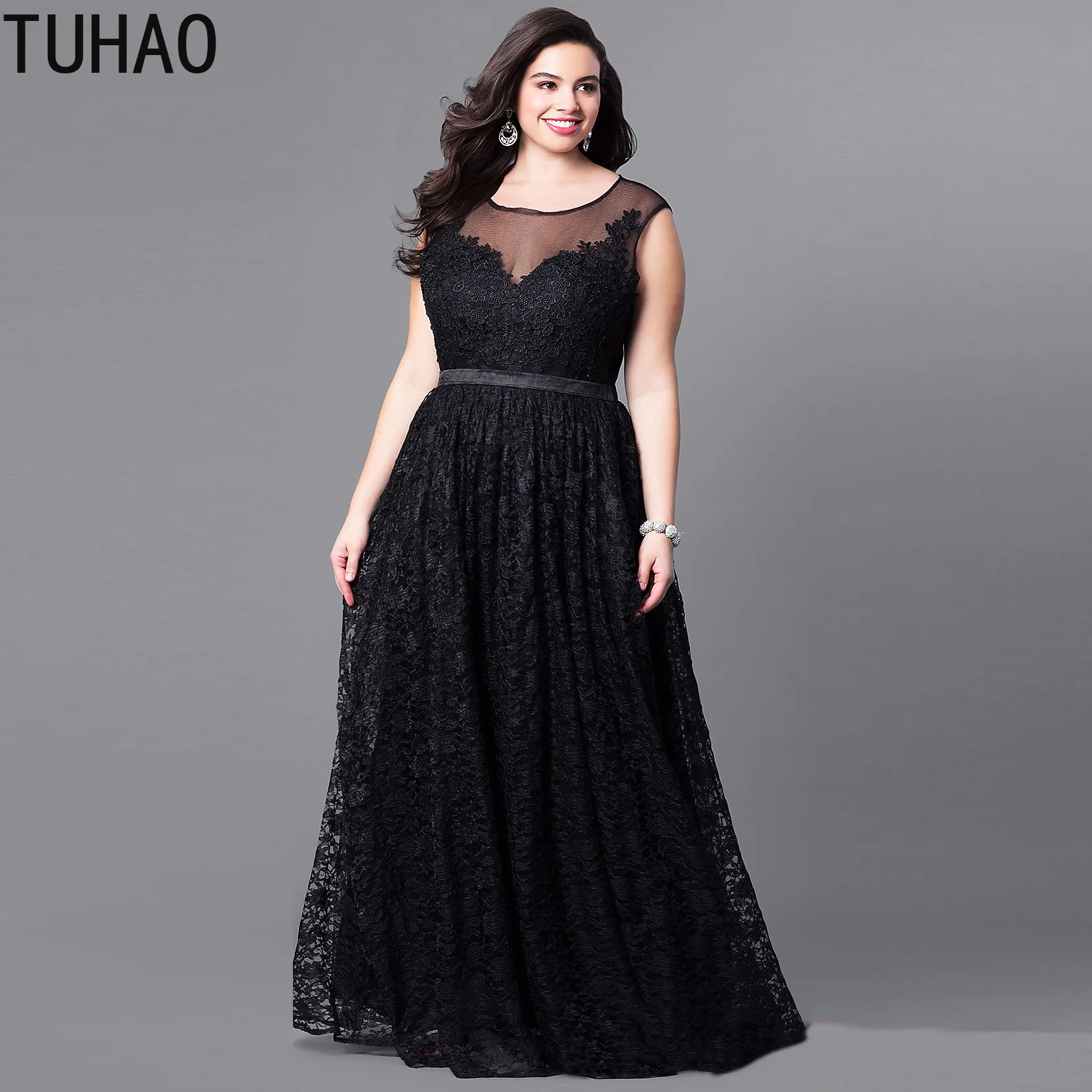 TUHAO размера плюс 5XL 4XL 3XL Сексуальное черное кружевное вечернее длинное платье для