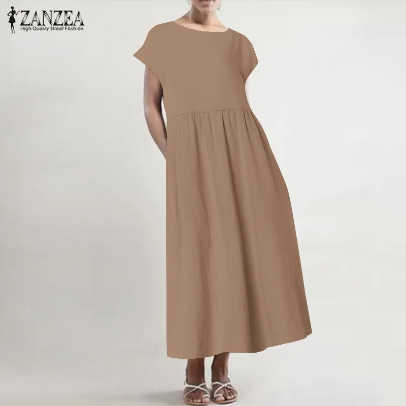 Short Sleeve Brown Женский льняной сарафан ZANZEA размера плюс летнее платье миди Повседневная рубашка с коротким рукавом с высокой талией плиссированное платье Femme - Цвет: Short Sleeve Brown