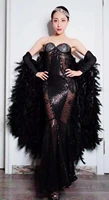 black sparkly crystals see through mesh long trains feather dress birthday celebrate stones dress fringes costume dance outfit