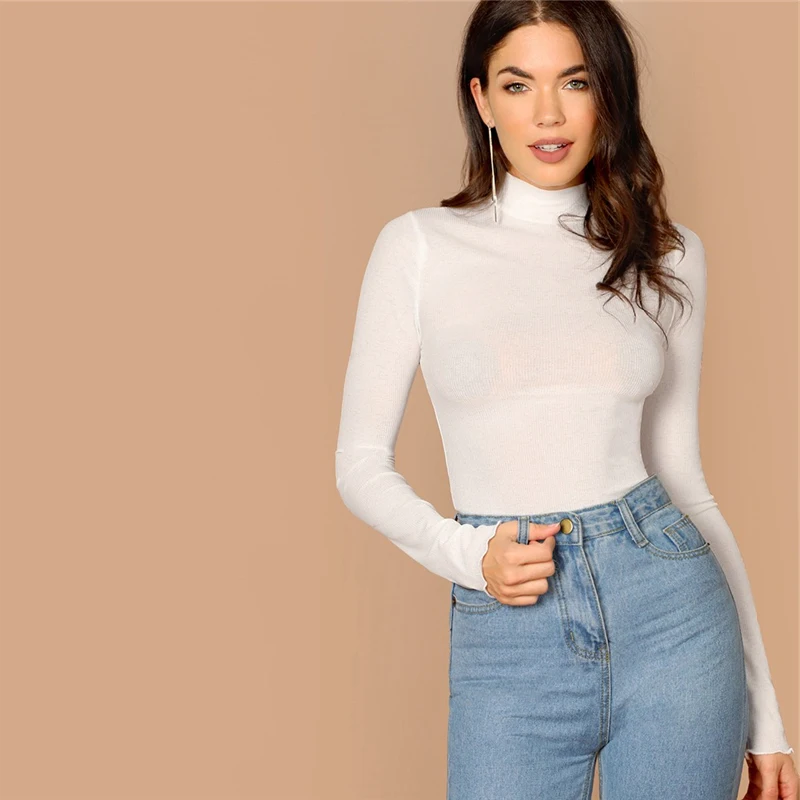 SHEIN Однотонная Водолазка С Высоким Воротником, Топ С Длинными Рукавами