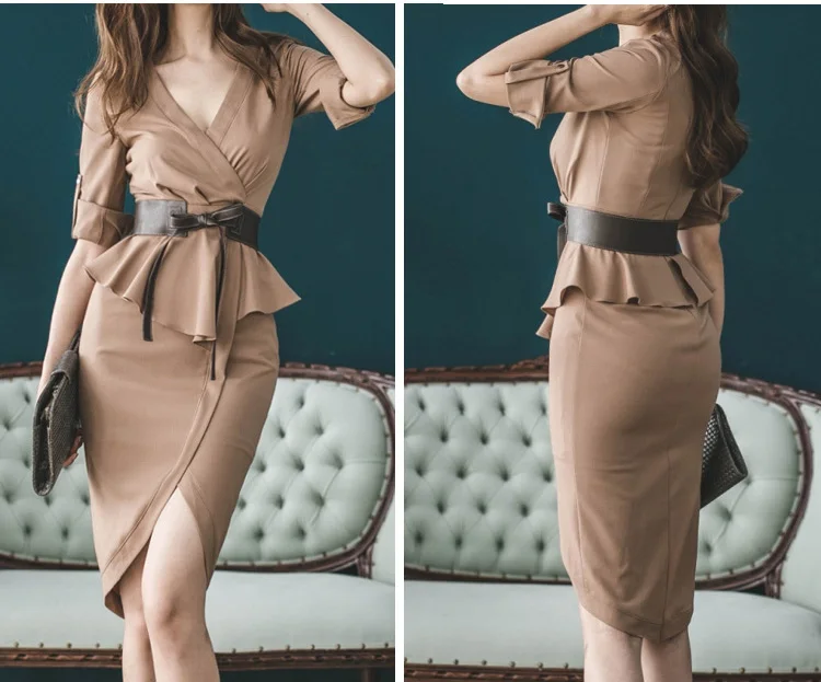 Foamlina, элегантное женское платье-карандаш, Vestidos, новинка, осень, половина рукава, баска, офисное, для девушек, для работы, облегающее, облегающее, платья