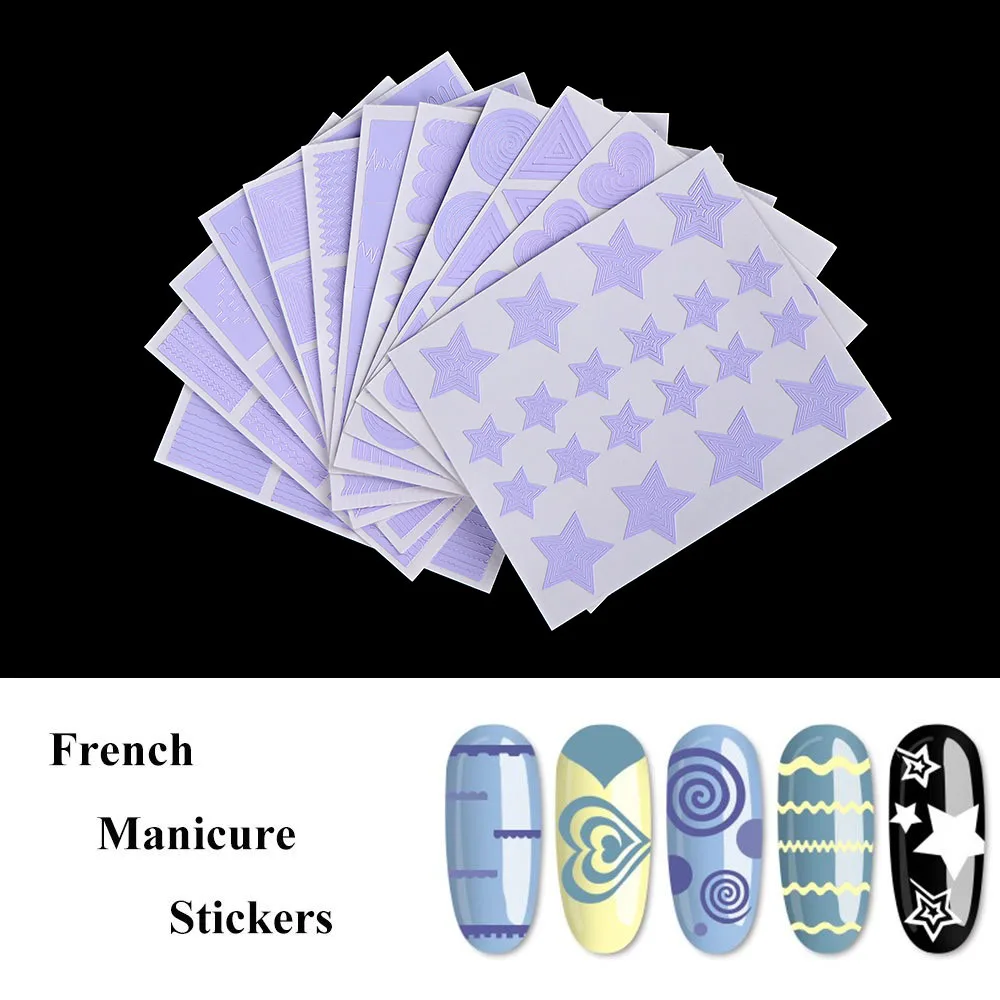 12pcs/set Nail Art Guide Tips Hollow Stencils Sticker French Manicure Template 3D Vinyls Decals Form Styling Tool | Красота и