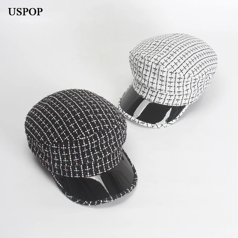USPOP новинка 2019 модные кепки в клетку из лакированной кожи лоскутные с козырьком