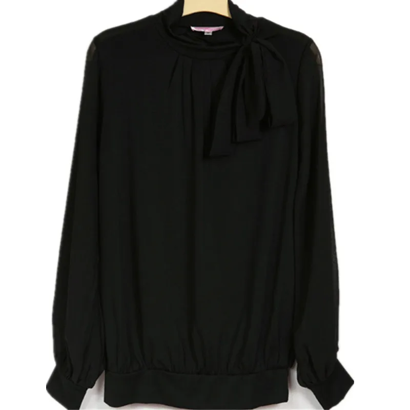 

Plus Size Chiffon Blouse With Bow 2020 Summer Loose Long-sleeved white Black Blouse Ladies Casual Tops 4xl 5xl