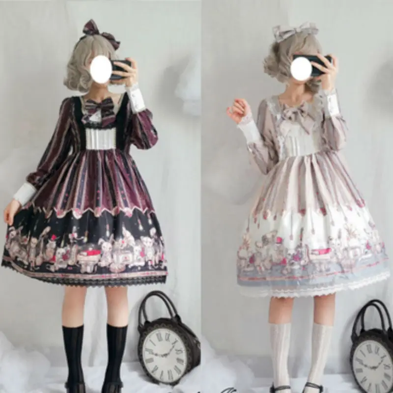 Японский платье лолиты, в готическом стиле, милые Kawaii для девочек длинный рукав бант с милым рисунком в виде медведя из мультфильма платье в стиле "Лолита" Высокая Талия