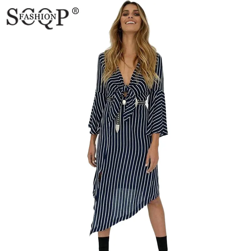 SCQP модные синие платье в полоску нерегулярные с длинным рукавом Глубокий V