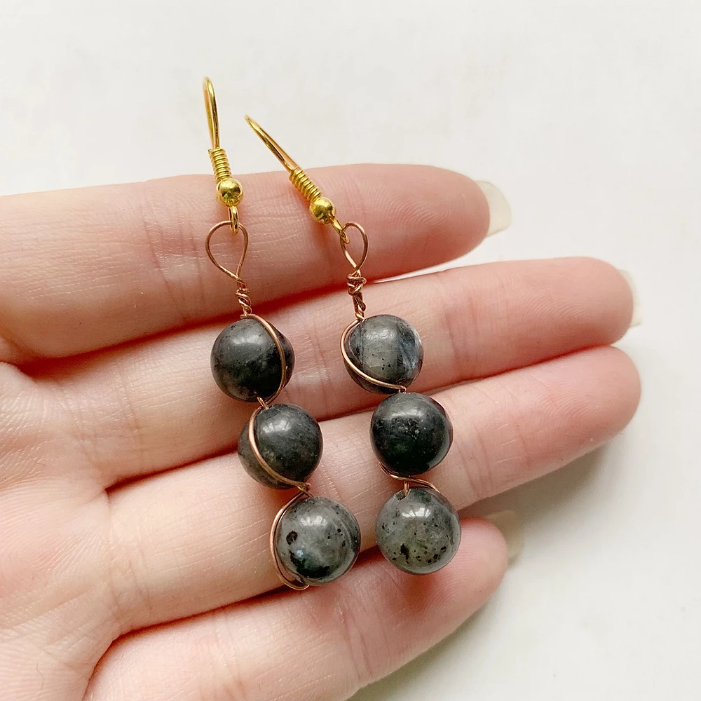 Natural Black Labradorite Earrings Copper Wire Wrapped 8mm Stone Beads Dangle Hook Gold-color Jewelry | Украшения и аксессуары