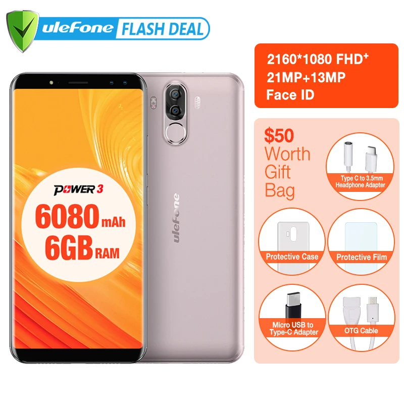 Ulefone Power 3 6080 мАч большая Батарея смартфон 6 ГБ + 64 6.0 &quotFHD MTK MT6763 Octa core Android 7.1 Face ID 4G