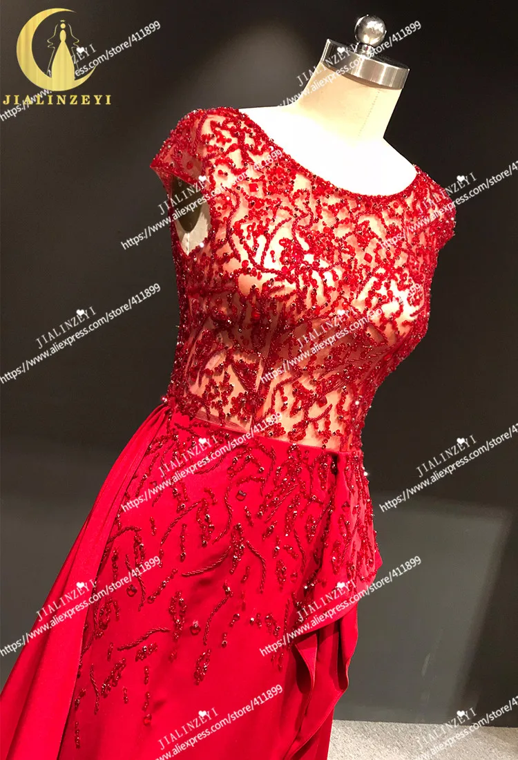 JIALINZEYI Real Sample Picture Red Cap Sleeves Beads Slit Satin Fashion vestidos de novia Dress for Party Evening Dresses