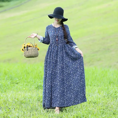 full sleeve blue Винтажное женское платье в этническом стиле с цветочным принтом, свободное, v-образный вырез, хлопок, лен, плотное платье Mori Girl, Пляжное, праздничное, бохо платье трапециевидной формы Vestidos - Цвет: full sleeve blue
