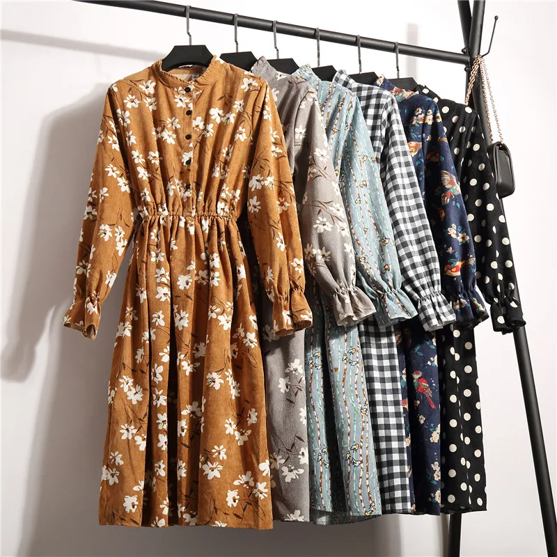 

20 Colors Beautiful Fashion Spring Autumn New Women Long Sleeve Dress Casual Retro Collar Slim Dresses Floral Print Chiffon