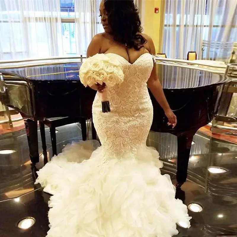 

2018 African Plus Size Wedding Gowns Sweetheart Ruffles Mermaid Lace Bride Dress Lace Up Back Tulle Bridal Gowns Vestidos Custom