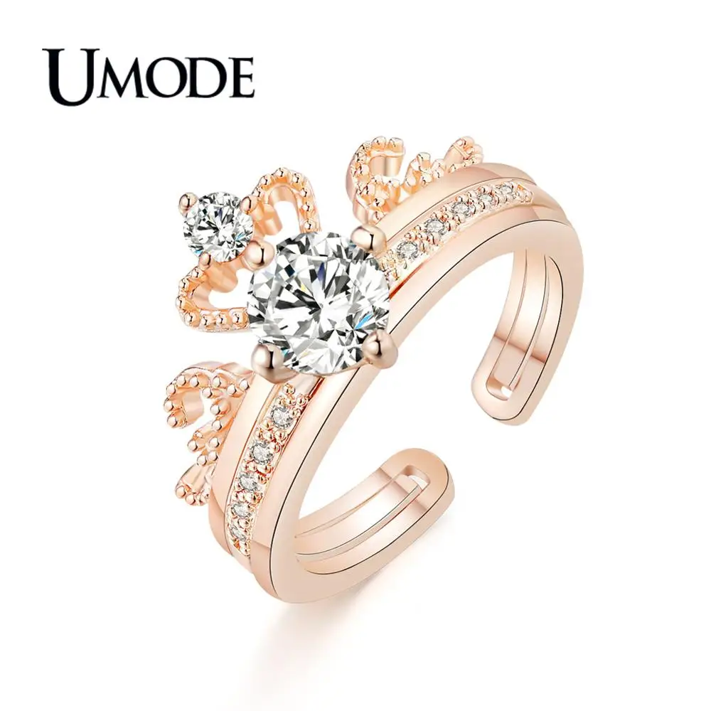 Женское кольцо с короной из циркония UMODE съемное двойное цвета розового золота