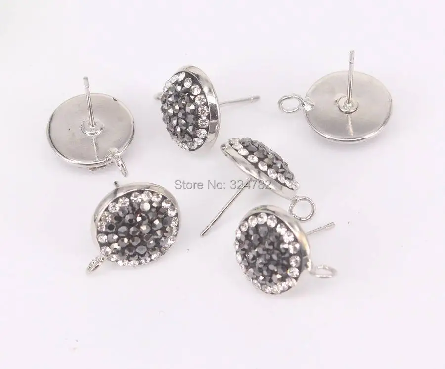 10Pairs Round Shape Stud Earrings 10 / 14mm Rhinestone Beads Metal Silver Post Earring with Loop | Украшения и аксессуары
