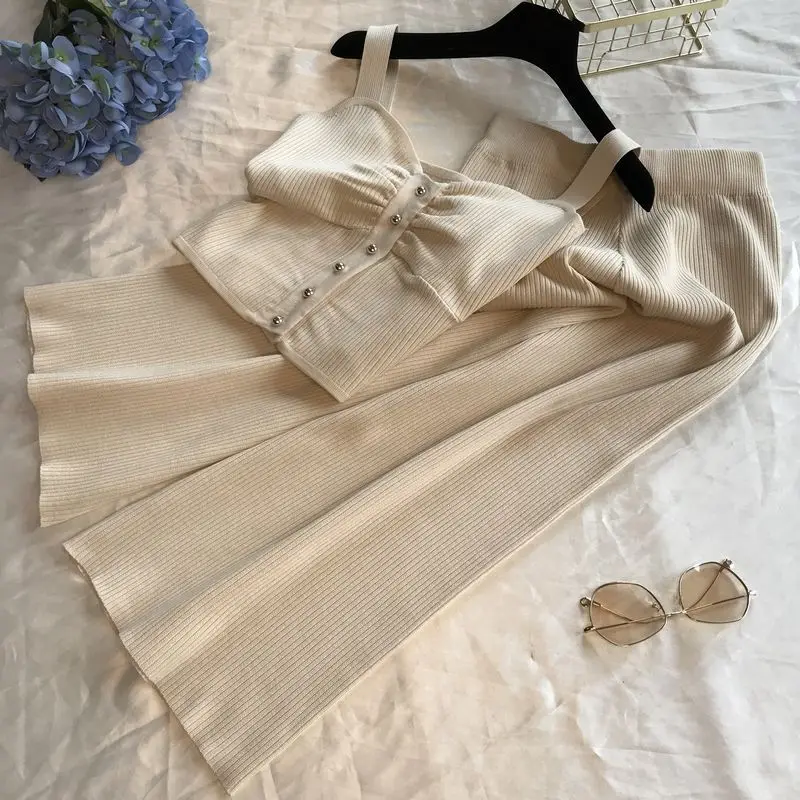 ALPHALMODA без рукавов Вязанный жилет+ трикотажные широкие брюки женские летние 2 шт повседневный комплект однобортный наряд брюки костюмы
